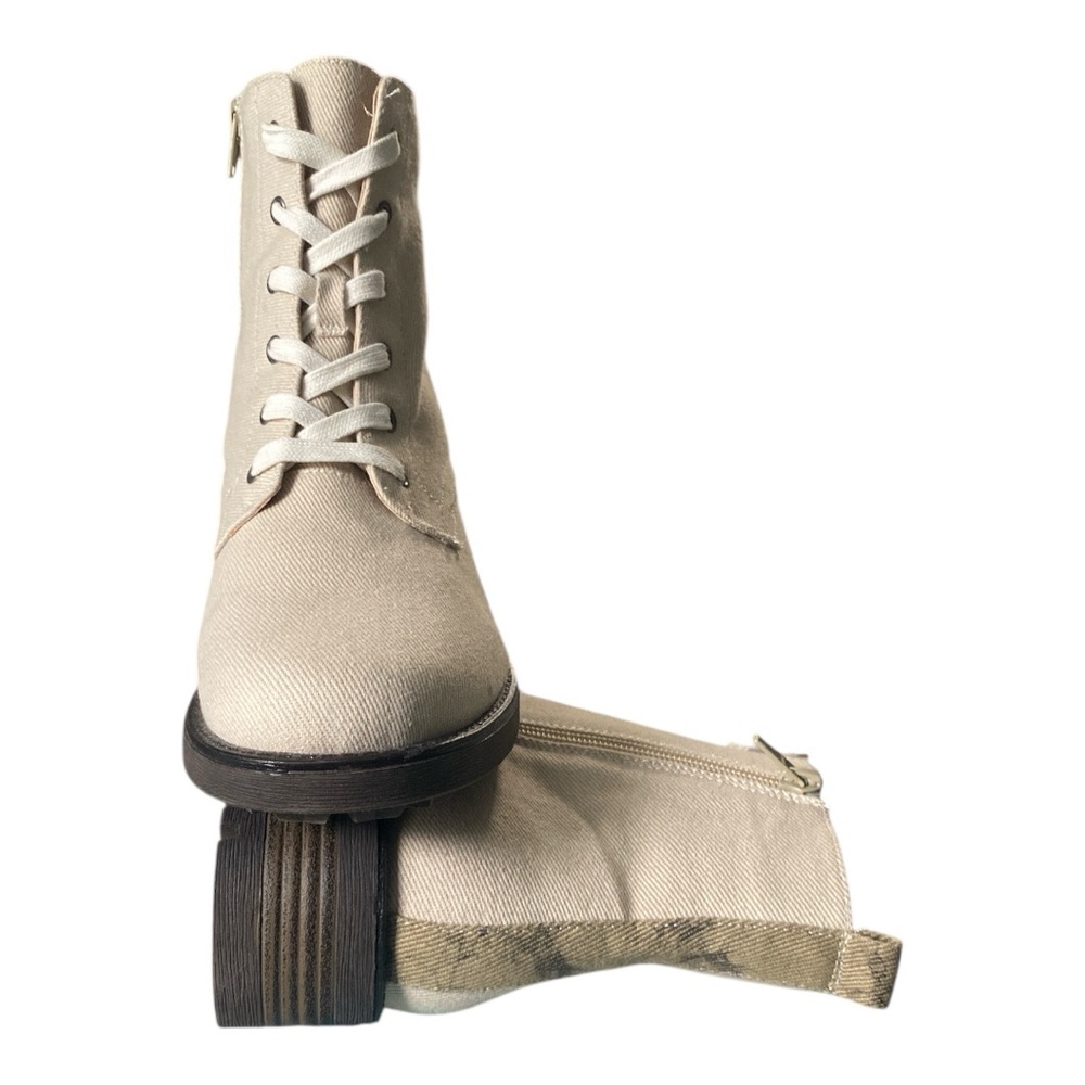 Ivory Cream Canvas Combat Boots Lace‑Up Side Zip Camo Heel Detail Size 9.5 NWOT